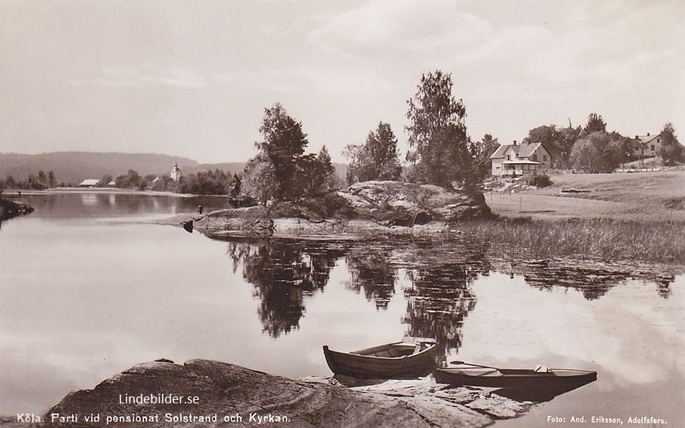 Köla. Parti vid pensionat Solstrand och Kyrkan