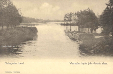 Strömsholms kanal, Westafors kyrka från Uddnäs sluss Strömsholms kanal, Westafors kyrka från Uddnäs sluss